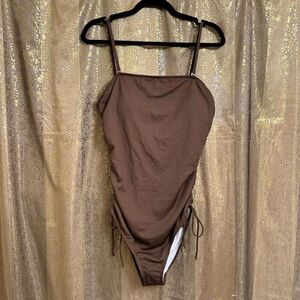 Women's Brown Ribbed One Piece Ruched Side Tie Swimsuit Med NWOT